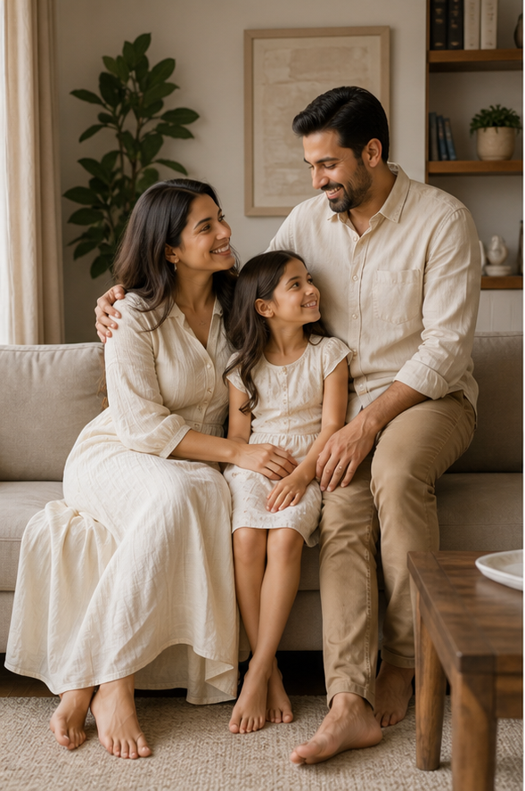 Three-person home cluster reference for family photo poses for 3