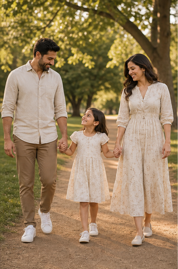 Three-person park walk reference for family photo poses for 3