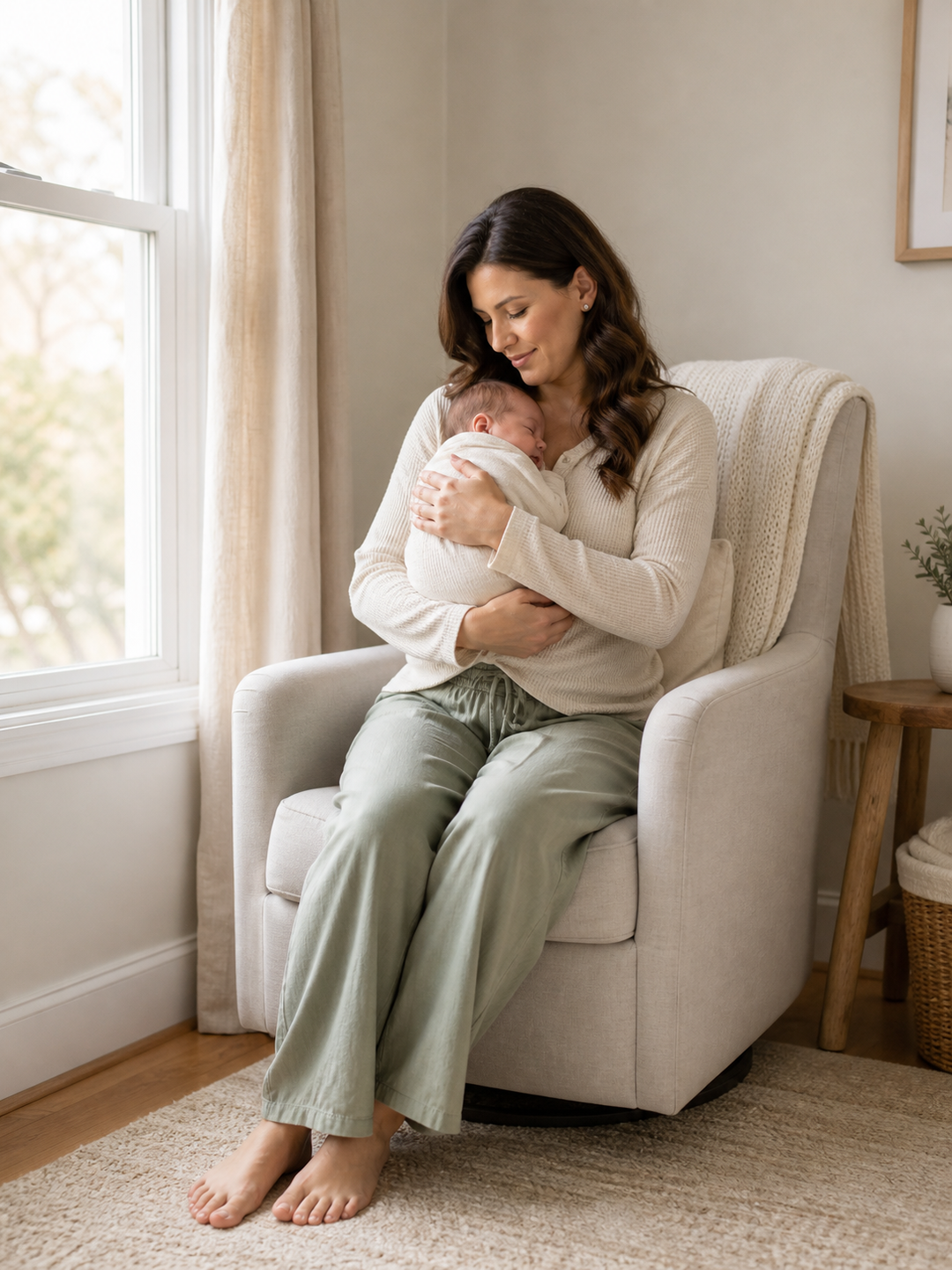 Mother and Newborn Photography Poses seated nursery hold pose reference