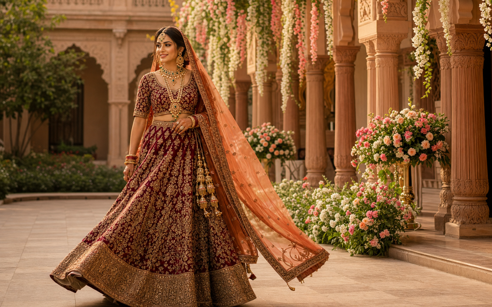 Poses for Bride in Lehenga wide lehenga walk pose reference