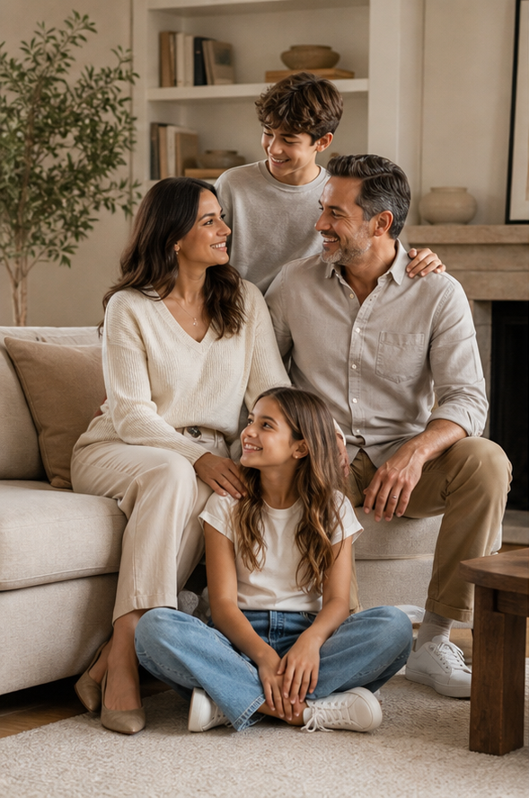 Four-person living room cluster reference for poses for family of 4