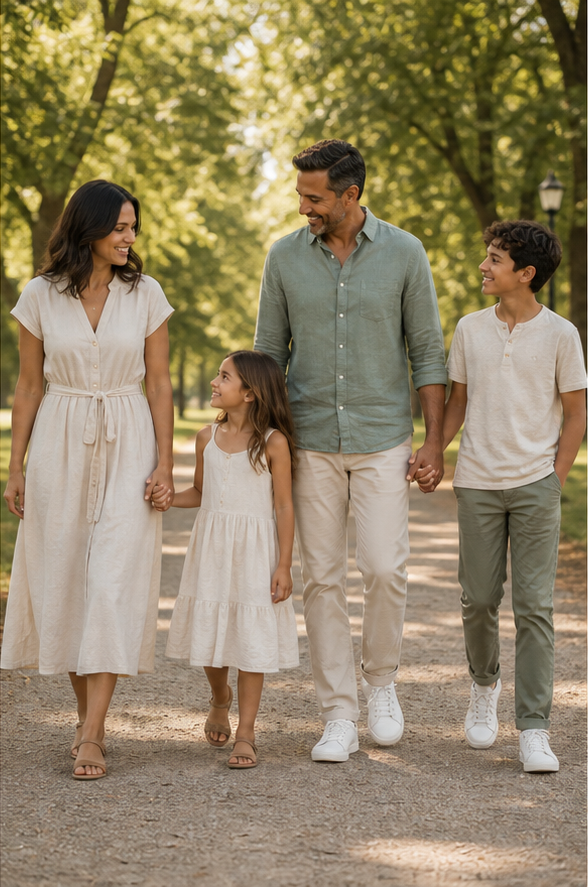 Four-person park walk reference for poses for family of 4