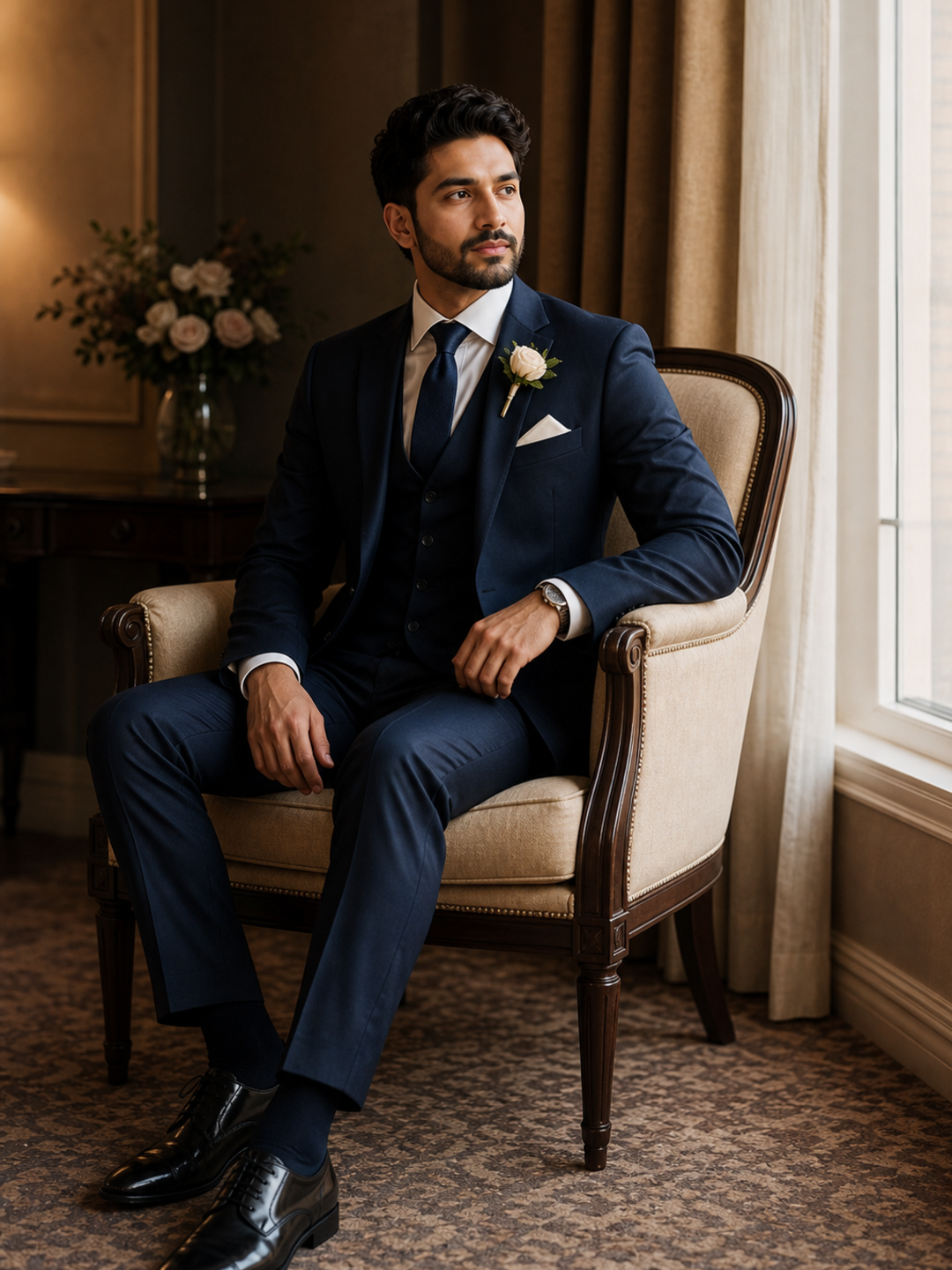 Poses for Groom in Suit seated groom portrait pose reference