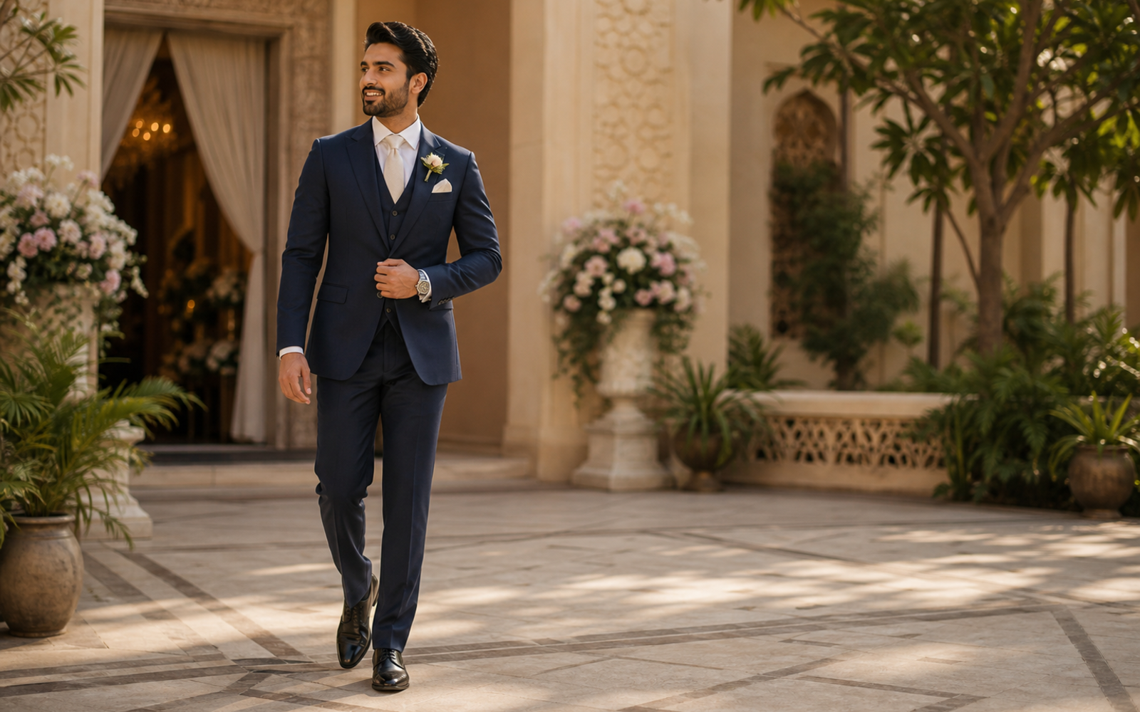 Poses for Groom in Suit wide venue walk pose reference