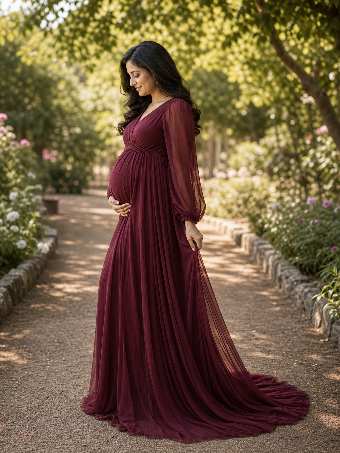 Poses for Maternity Shoot in Gown outdoor gown profile pose reference