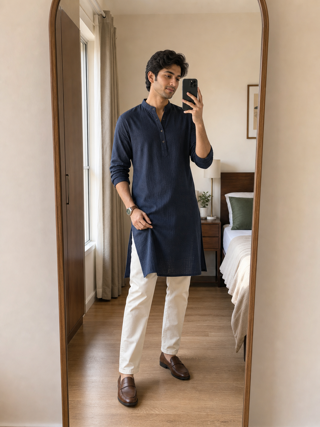 Poses for Mirror Selfie Boy Indian kurta mirror stance pose reference
