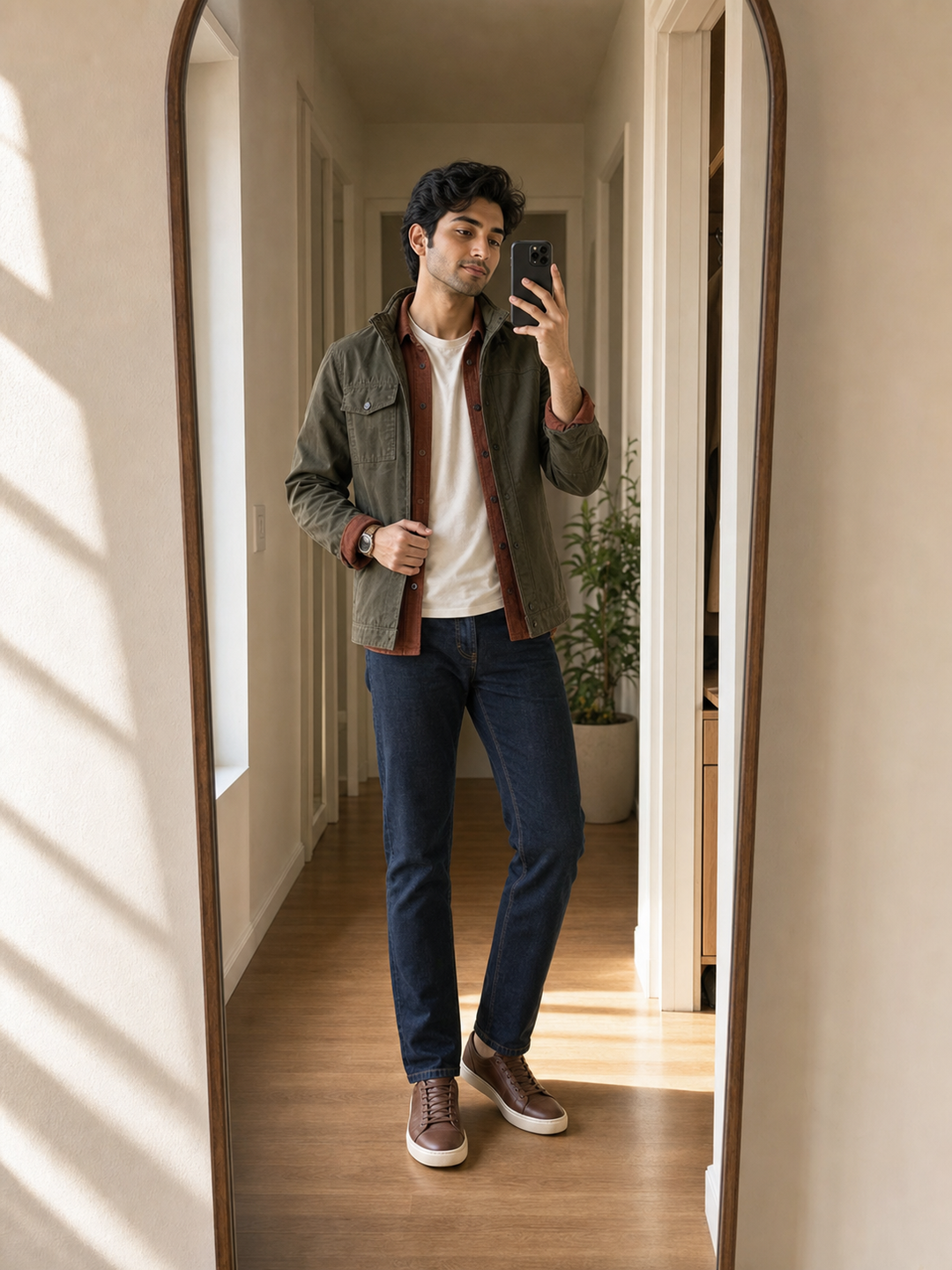 Poses for Mirror Selfie Boy Indian layered jacket selfie pose reference