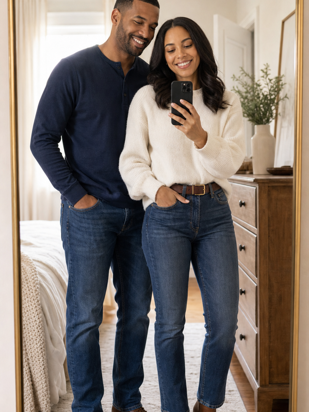 Poses for Mirror Selfie Couple side-by-side mirror base pose reference