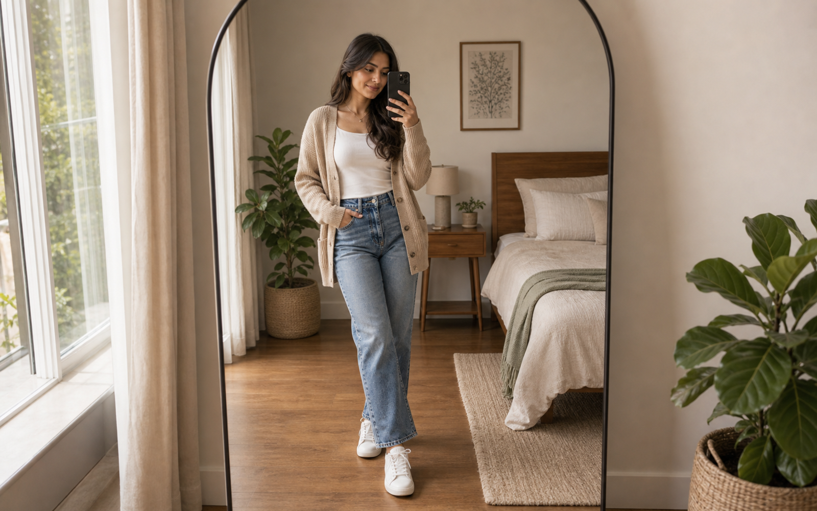 Poses for Mirror Selfie Girl wide mirror outfit frame pose reference