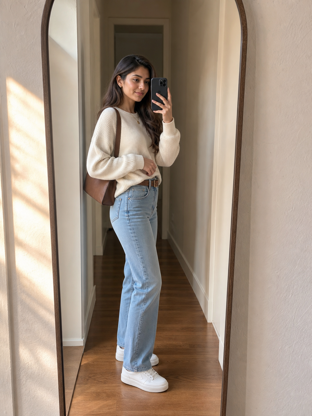 Poses for Mirror Selfie Girl Standing Up side-angle outfit selfie pose reference