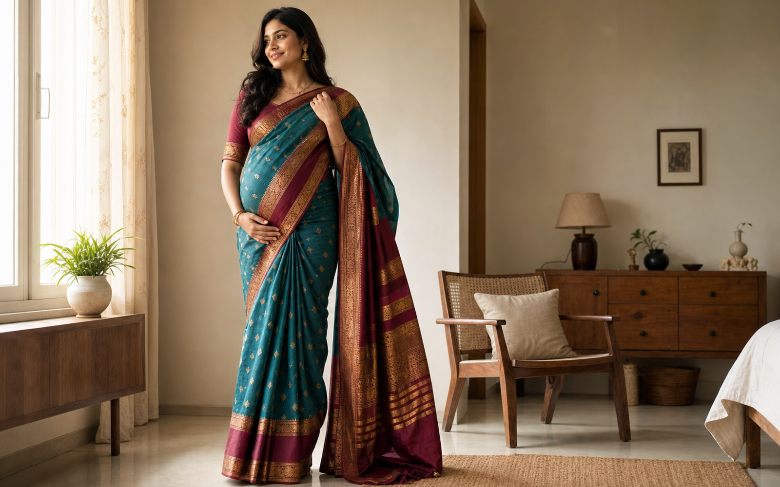 Poses for Pregnancy Photoshoot in Saree wide saree maternity room pose reference