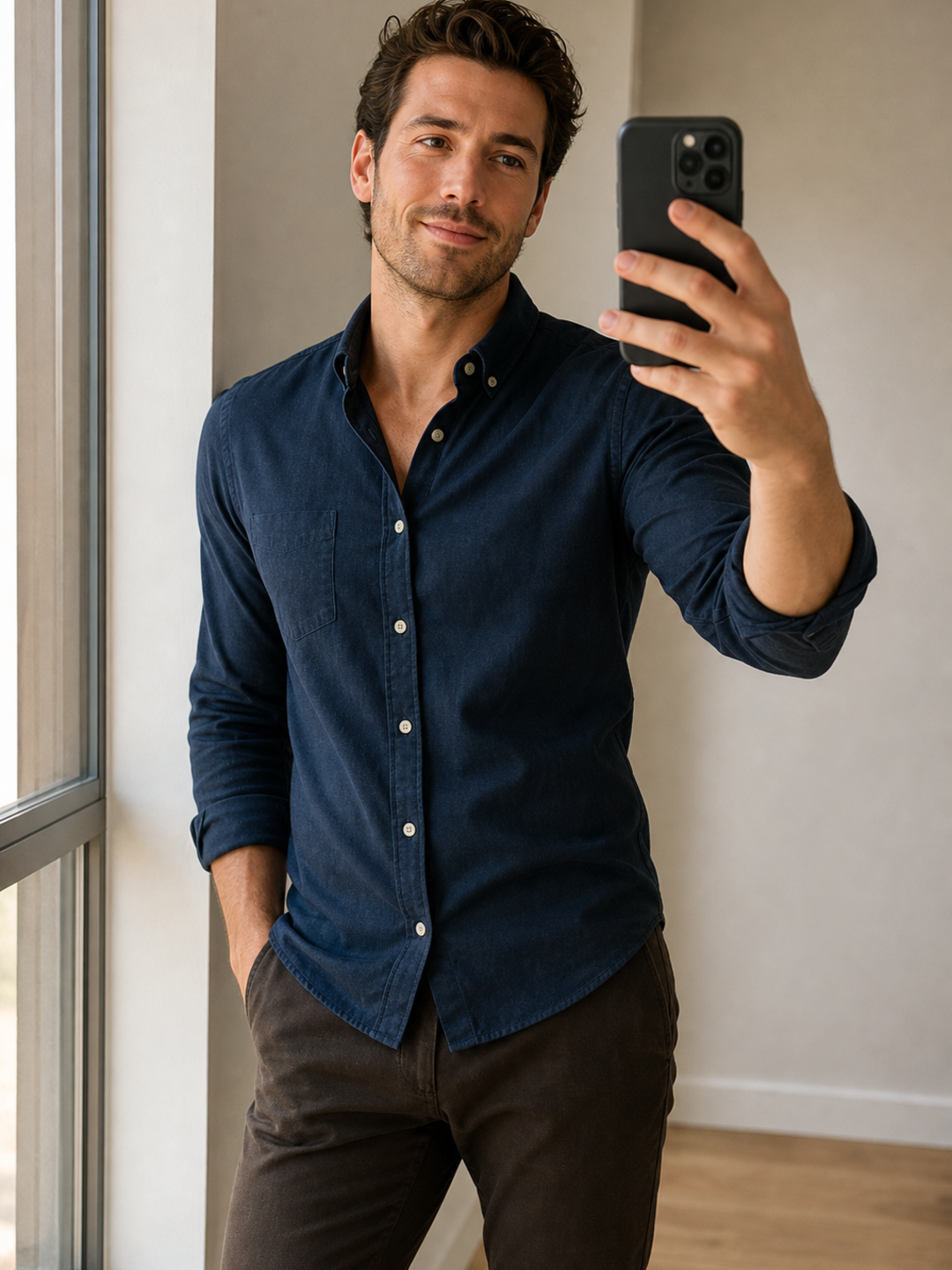 Poses for Selfie Men window-light selfie pose reference