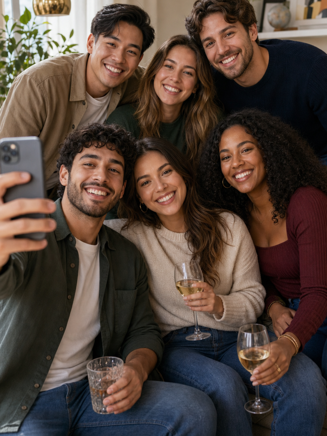 Poses for Selfie with Friends celebration sofa selfie pose reference