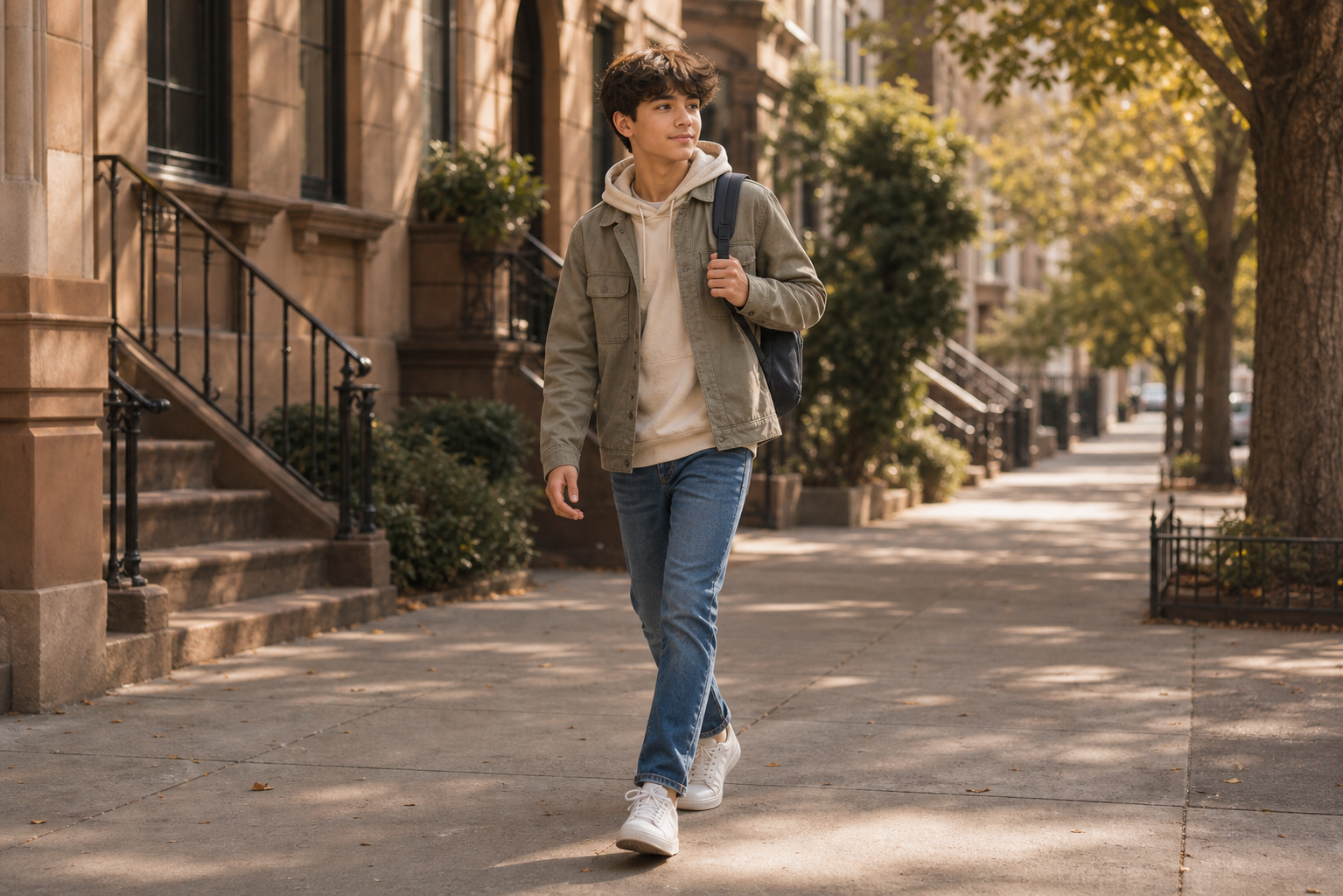 Age-safe neighborhood walking pose reference for boys
