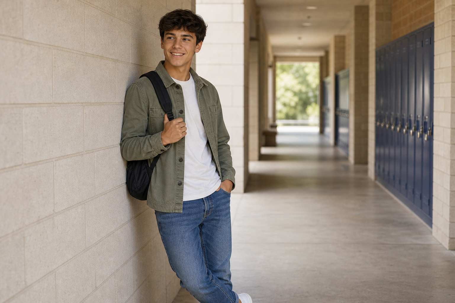 Age-safe school hallway leaning pose reference for boys