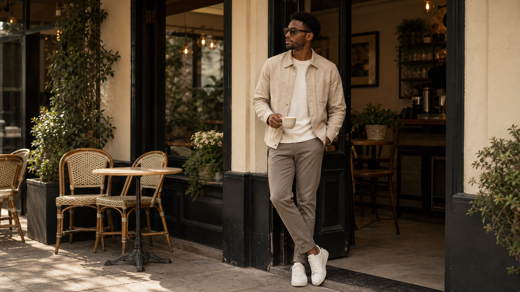 Cafe doorway leaning pose reference for men