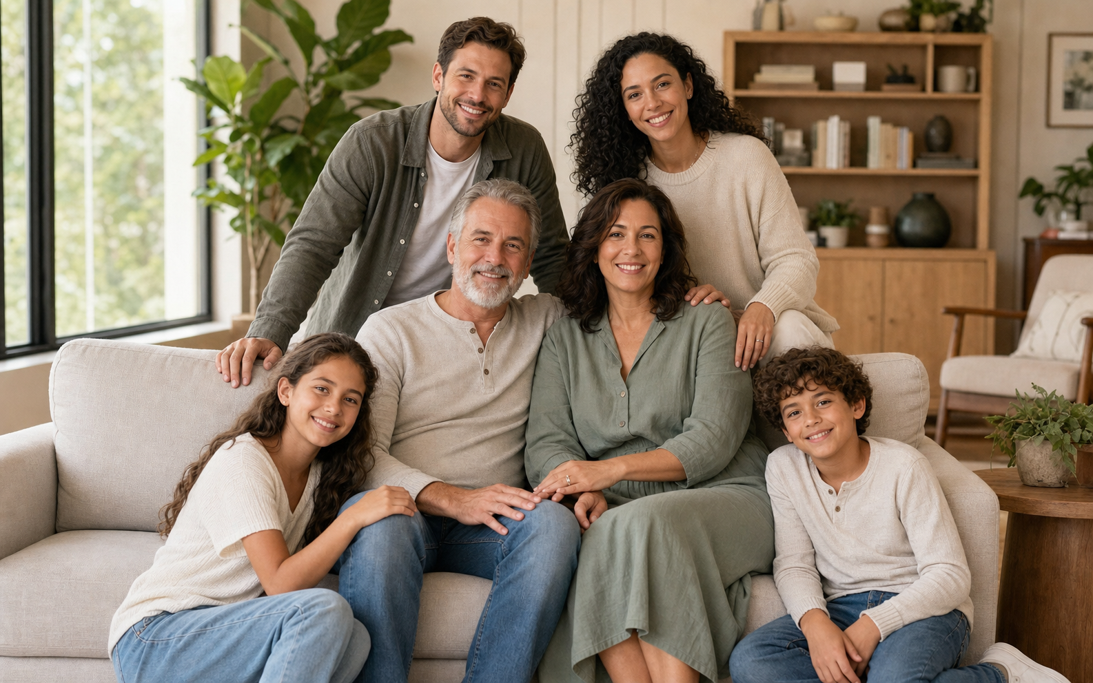 Family of six layered sofa pose reference at home