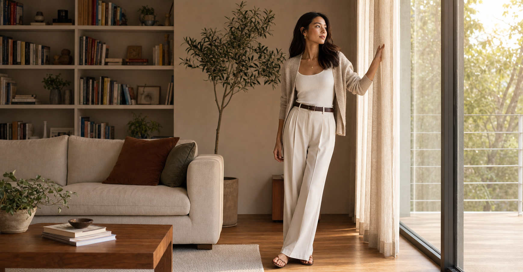Home interior pose reference near a window for portrait photos