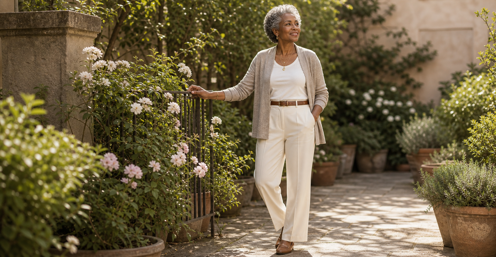 Older woman garden standing pose reference