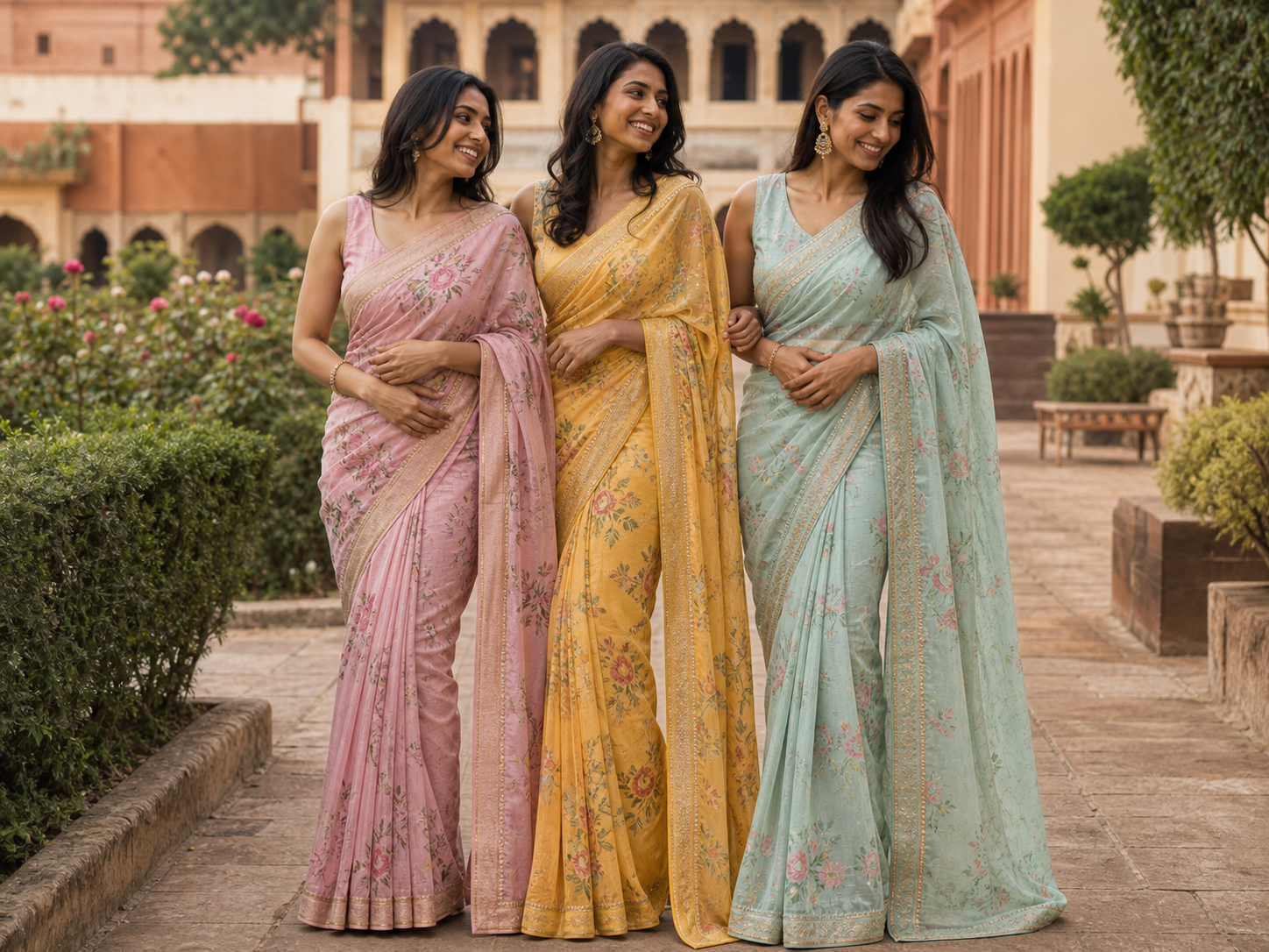 Group of friends in saree pose reference for photo poses for friends in saree