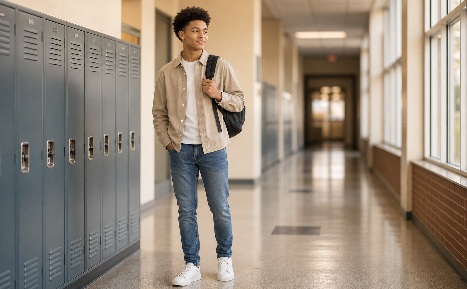 School hallway backpack pose reference