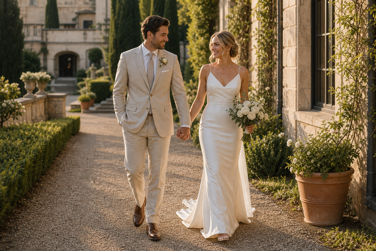 Wedding couple walking pose reference in a venue courtyard